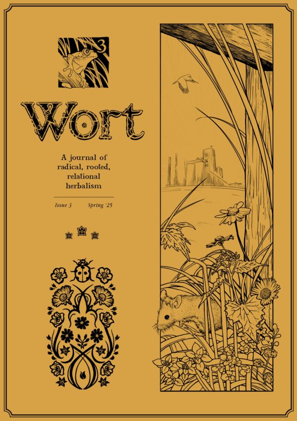 Golden Orange-Yellow front cover for Wort Journal Issue 3. Spring weeds grow in the foreground with a mouse scurrying in the undergrowth, whilst in the background an industrial factory can be seen.