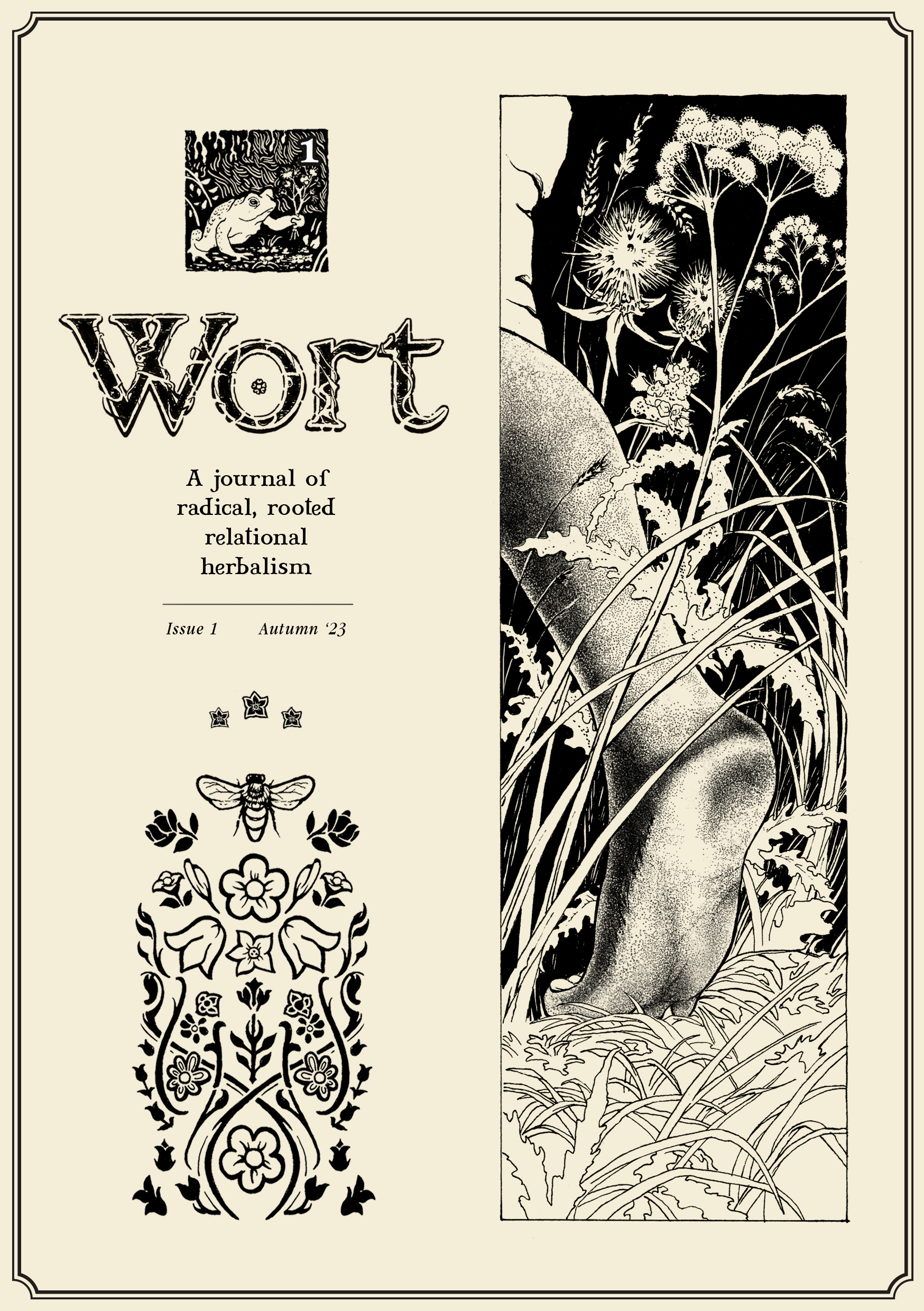 Front Cover of Wort Journal issue one, in biscuit colour, showing a close up of a foot walking without shoes amongst tall weeds