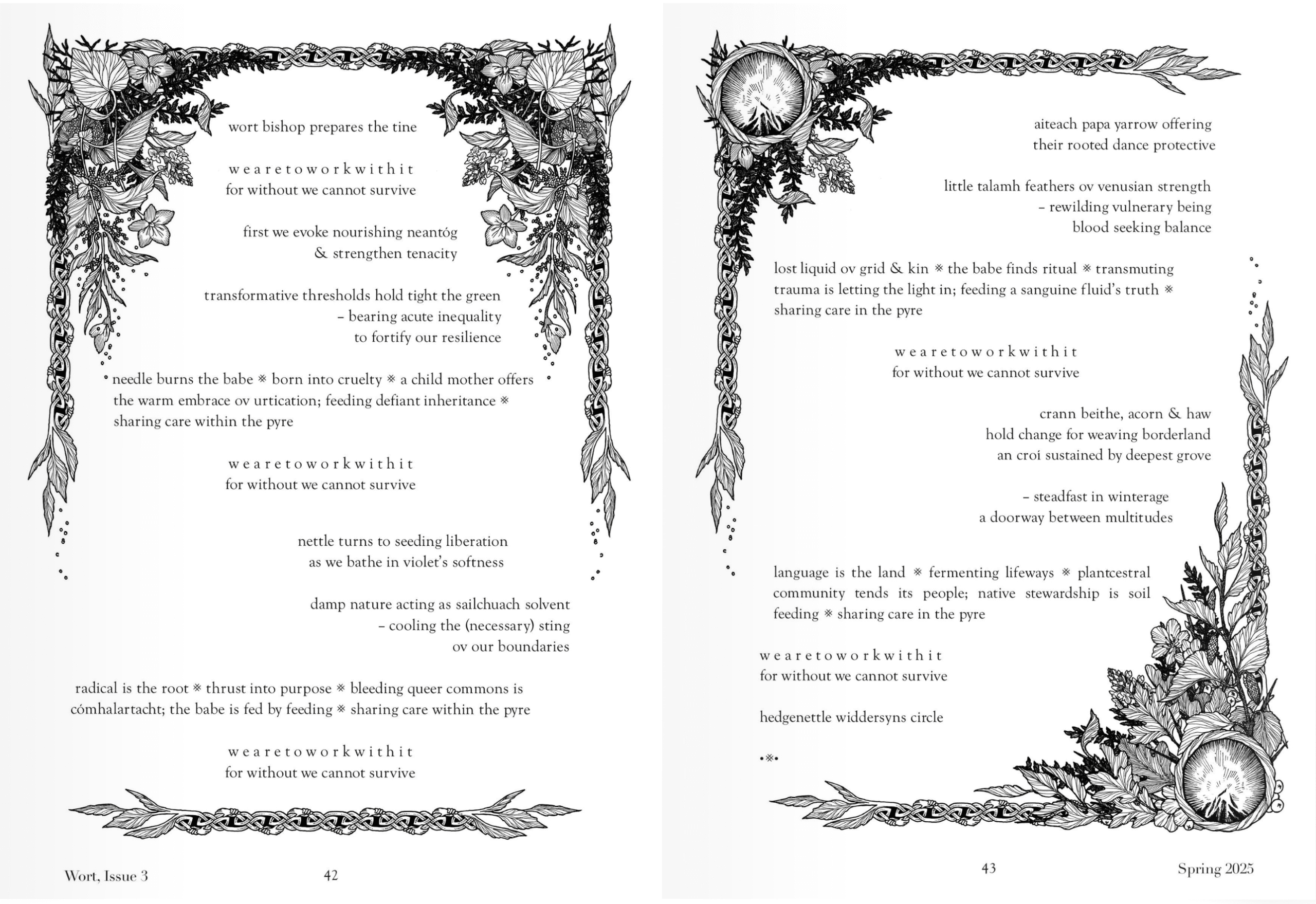 Two Page inner spread from Wort Issue 3 showing fragments from the Ruderal Garden Hyperlocal Compendium with cut out photo images of Creeping Thistle and Aspen
