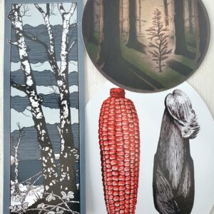 Image shows three stickers with hand drawn illustrations from issue four: one with a cob of red maize next to a sheathed cob with cornfield; one of the little fir tree in the forest amongst tall trees; and one with the front cover image of birches and chaga.
