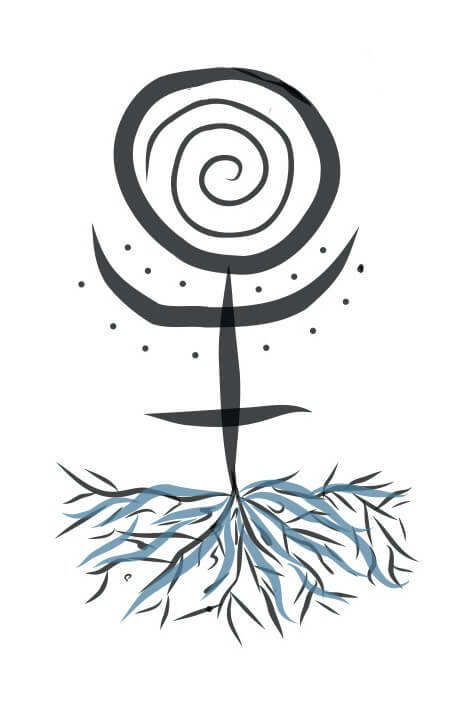 An astroherbal glyph showing a Pluto symbol with roots.