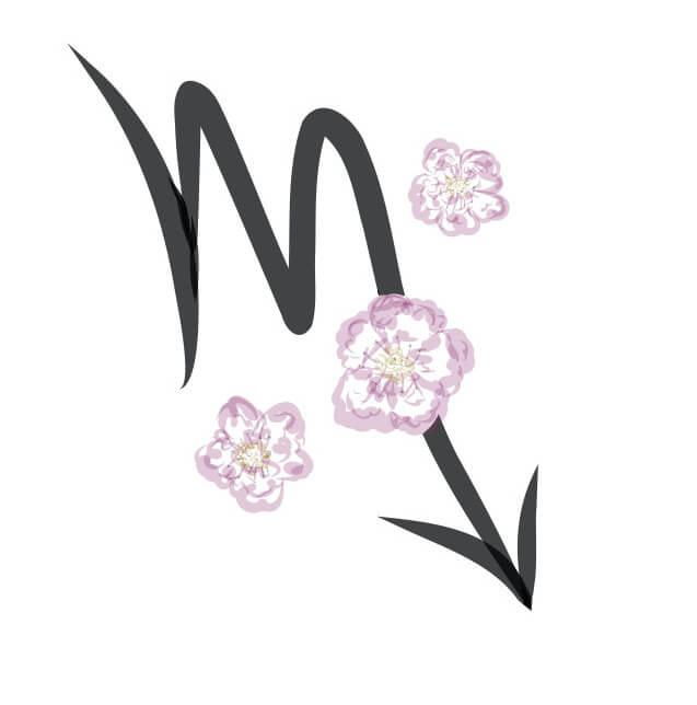 An astroherbal glyph showing Hawthorn blossoms and the Scorpio symbol. 
