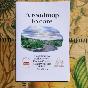 Front cover image of the 'Roadmap to Care' holistic abortions workbook, showing an open road against a blue sky.